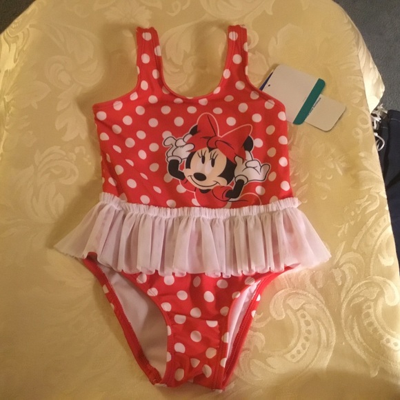 Toddler Girls 2T-4T Disney Minnie Mouse Navy Blue Red White Dot Swimsuit Swim